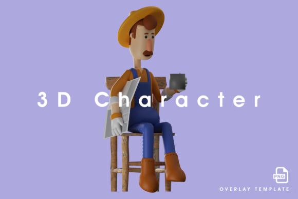 Farmer 3D Cartoon Drinking Cup of Coffee